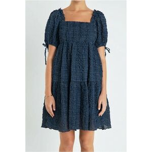 English Factory Crinkled Gingham Flounce Dress Blue Puff Sleeve Tiered Medium